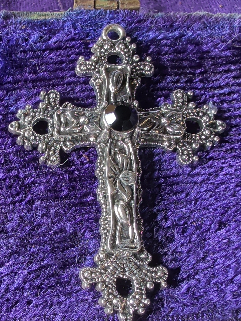 Unique Vintage Silver-Tone Cross Pendant with Black Stone